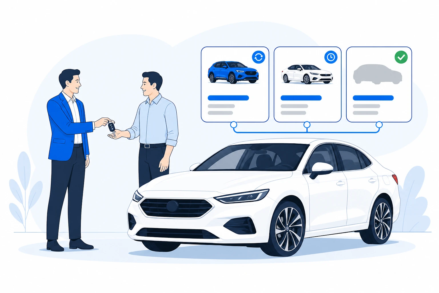 A dealer hands car keys to a customer while vehicle listings are automatically updated, renewed, and removed when sold