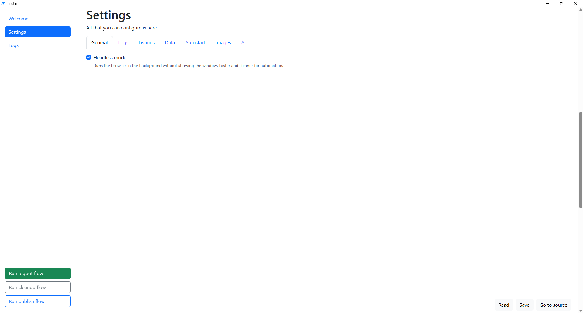Settings page (General)