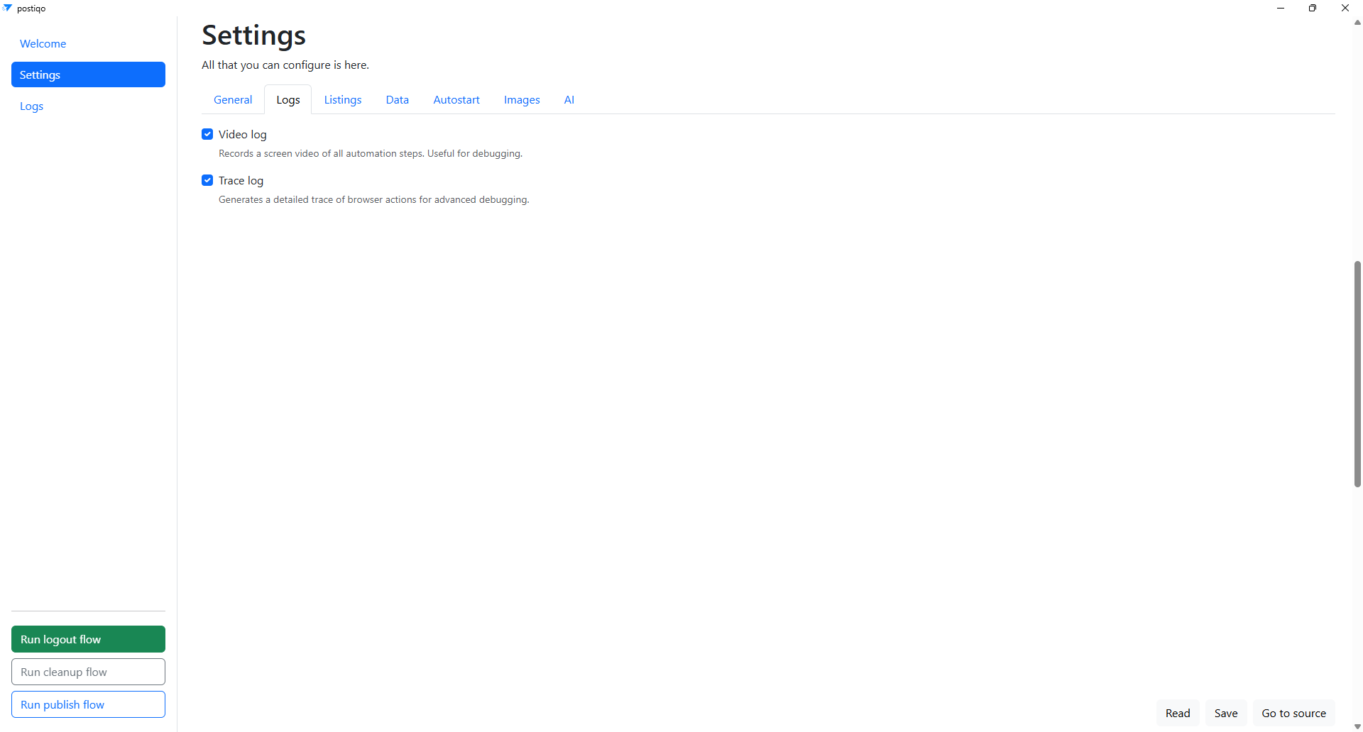 Settings page (Logs)