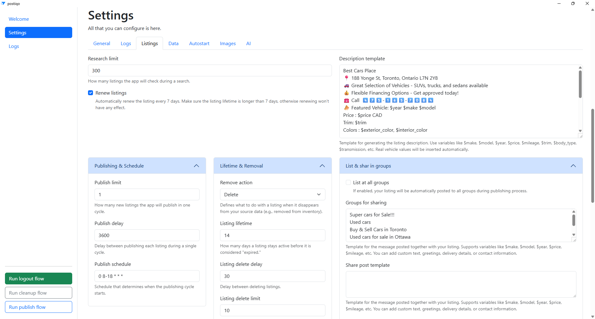 Settings page (Listings)
