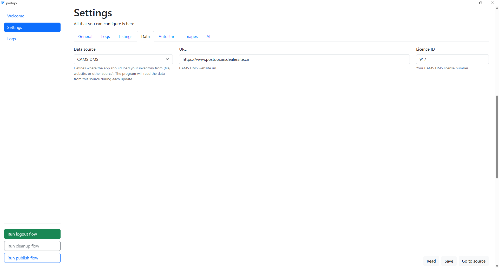 Settings page (Data)