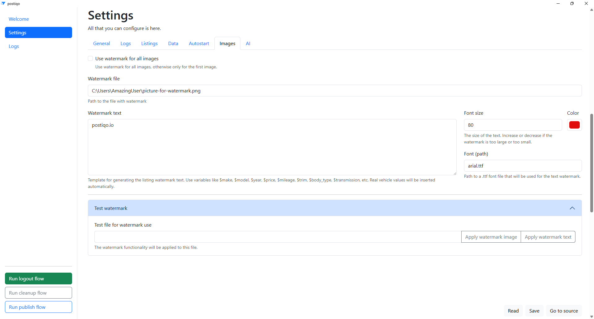 Settings page (Images)